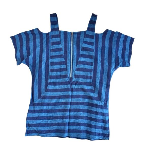 Soft Surroundings Linen Blend Tunic Blouse Small Cold Shoulder Blue Pockets - Picture 2 of 9